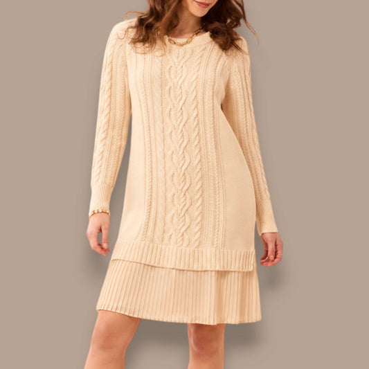 Tribal - Cable Knit Sweater Dress With Pleated Chiffon Hem
