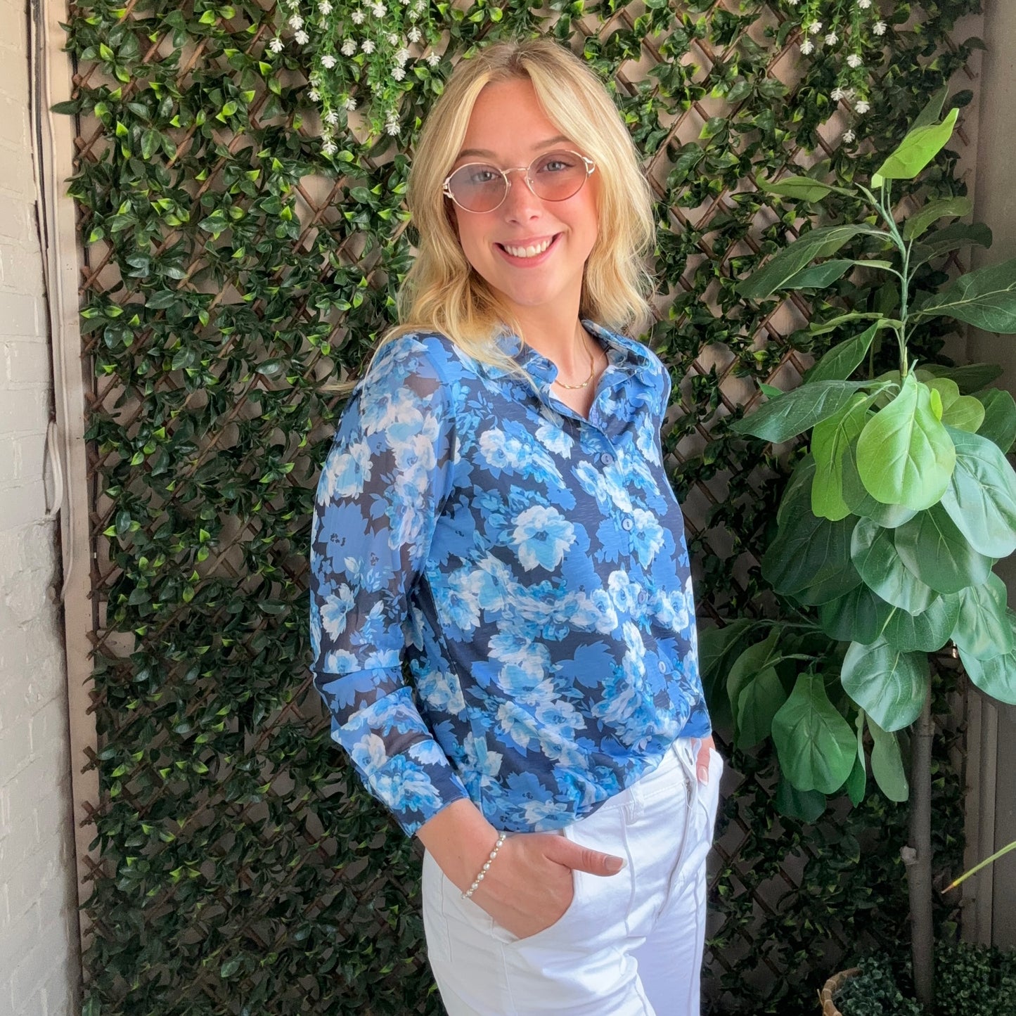 New Label - Floral Blouse With Sheer Sleeves
