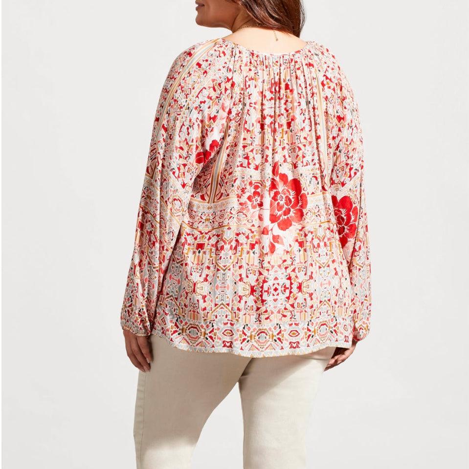 Tribal - Flowy Print Blouse With Ties (Plus Size)