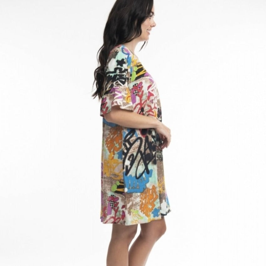 Orientique - Graffiti Print Frill Sleeve Dress