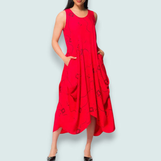 Elena Wang - Crimson Flow Asymmetrical Midi Dress