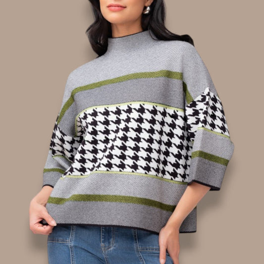 Elena Wang - Houndstooth Mock Neck Sweater