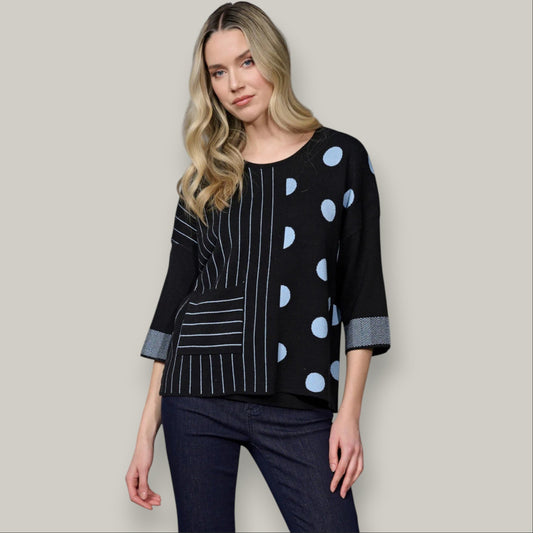 Picadilly - 3/4 Sleeve Striped Polka Dot Sweater