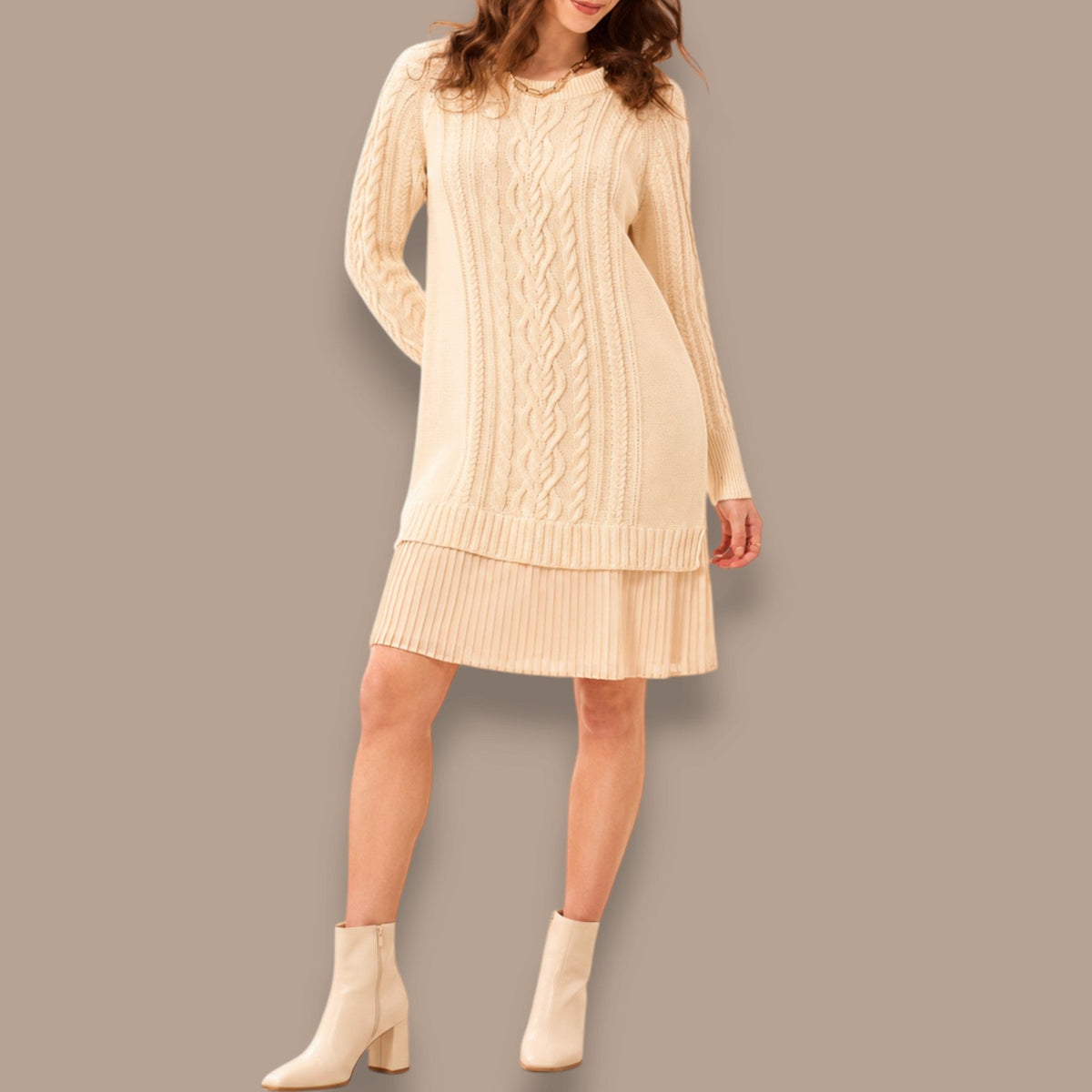 Tribal - Cable Knit Sweater Dress With Pleated Chiffon Hem