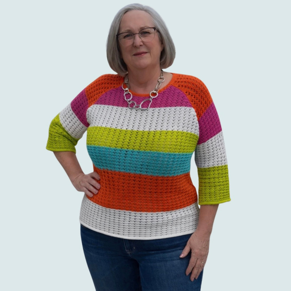 Funsport - 3/4-Sleeve Striped Crochet Sweater