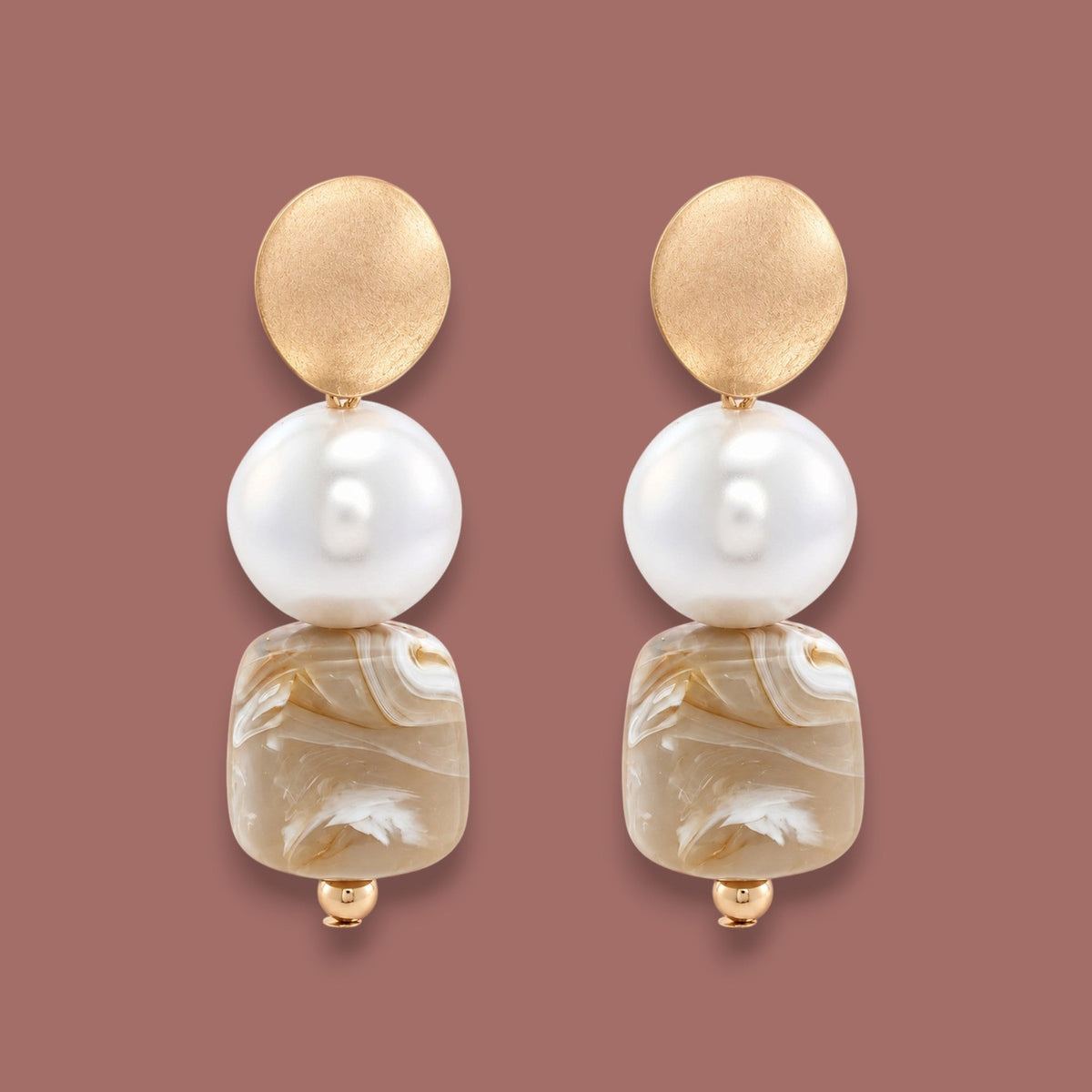 Merx - Gold, White Pearl & Marbled Resin Drop Earrings