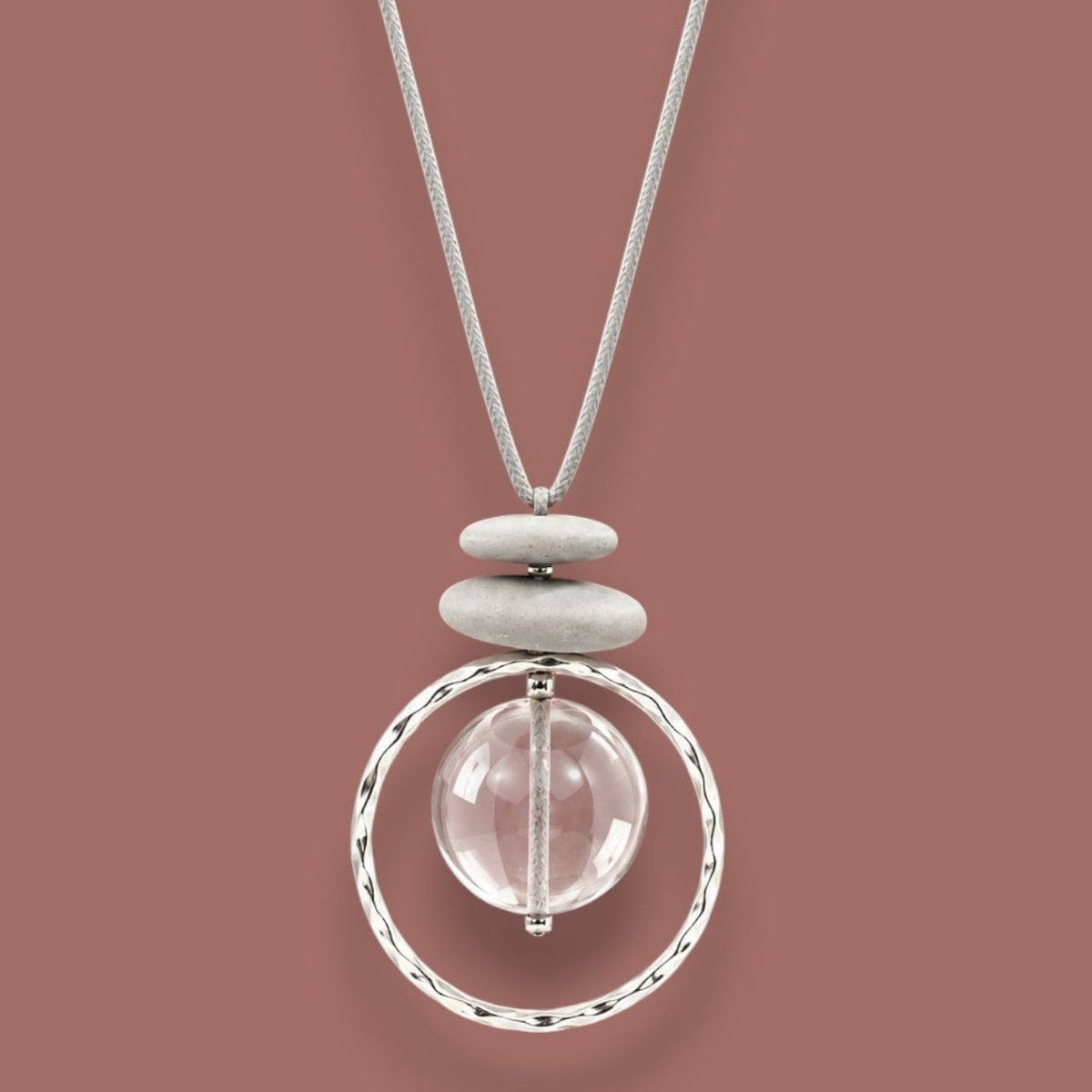 Merx - Hammered Circle & Clear Bead Pendant Necklace