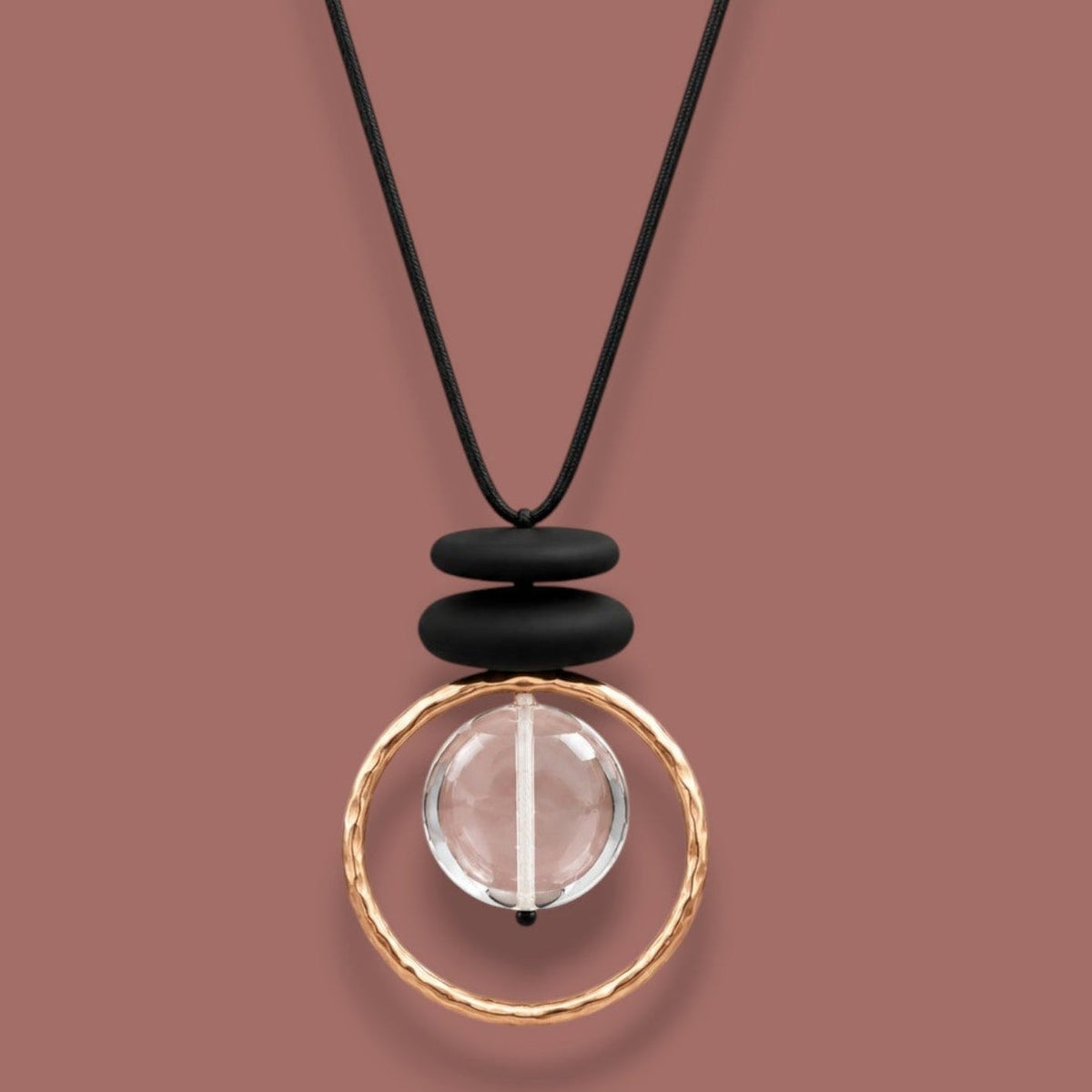 Merx - Hammered Circle & Clear Bead Pendant Necklace