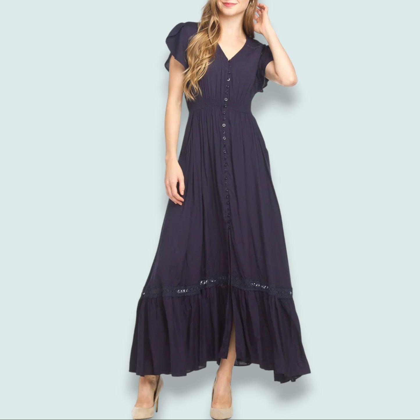 Papillon - Lace Inset Button Down Maxi Dress