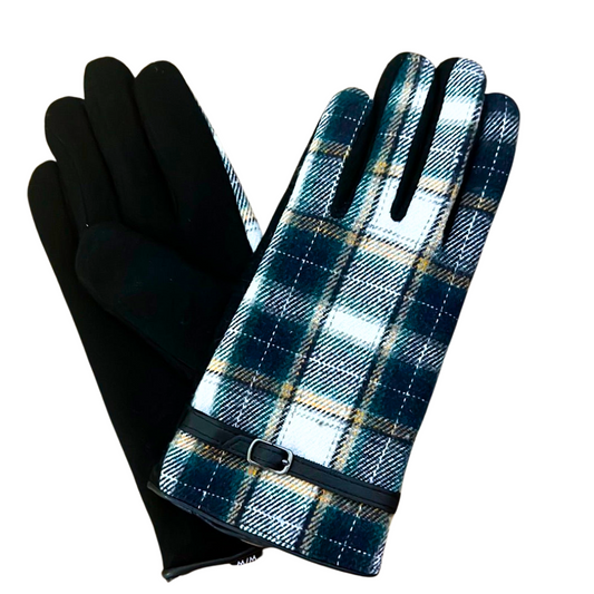 Marron - Plaid Gloves With Belt Detail