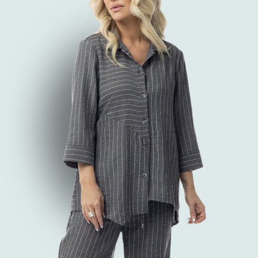 Pure - Striped Button-Front 3/4-Sleeve