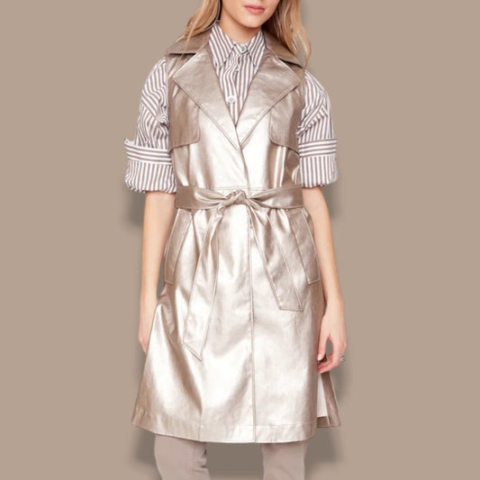 Renuar - Metallic Pleather Long Vest With Sash Belt