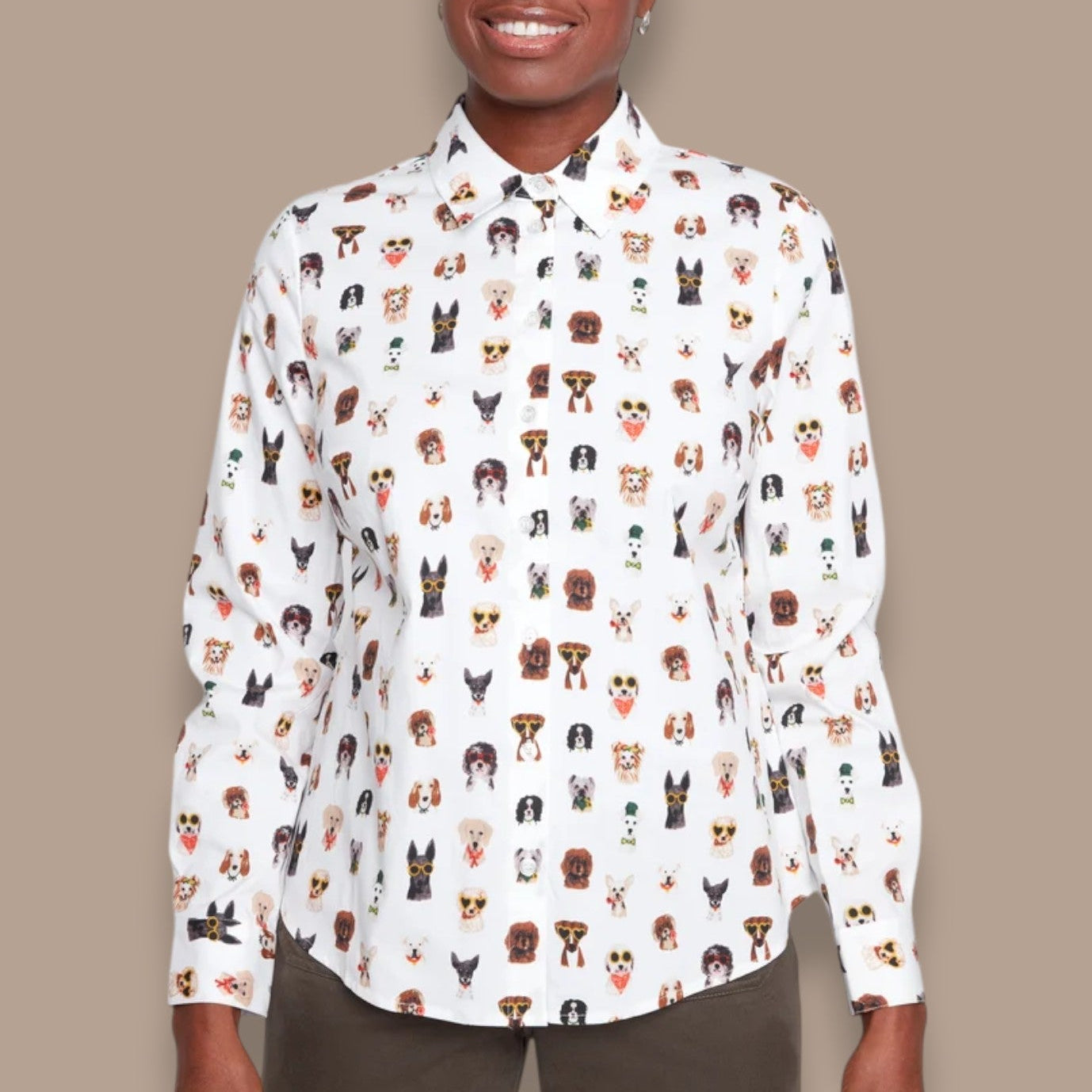 Renuar - Dog Print Poplin Button-Down Blouse
