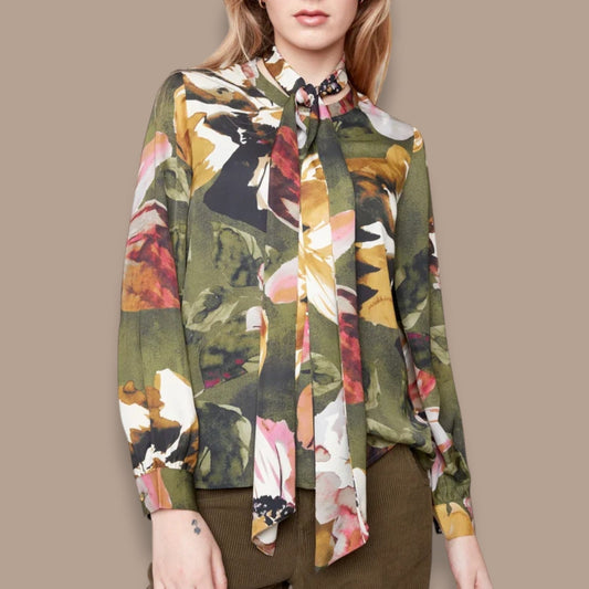 Renuar - Peonies Satin Blouse With Detachable Bow