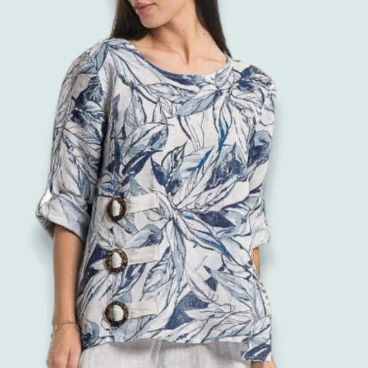 Linen O - Blue Leaf Print Linen Top