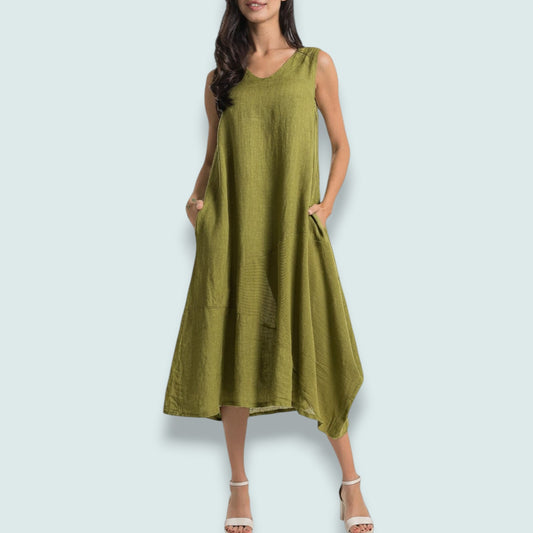 Linen O - Olive Linen Swing Dress