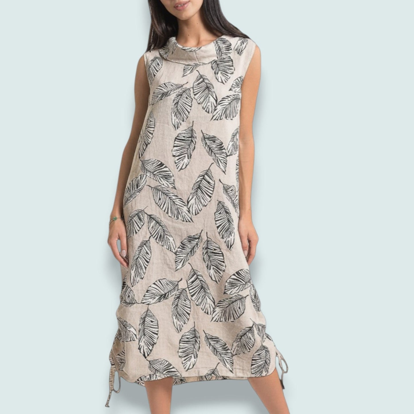 Linen Luv - Leaf Print Linen Drawstring Dress