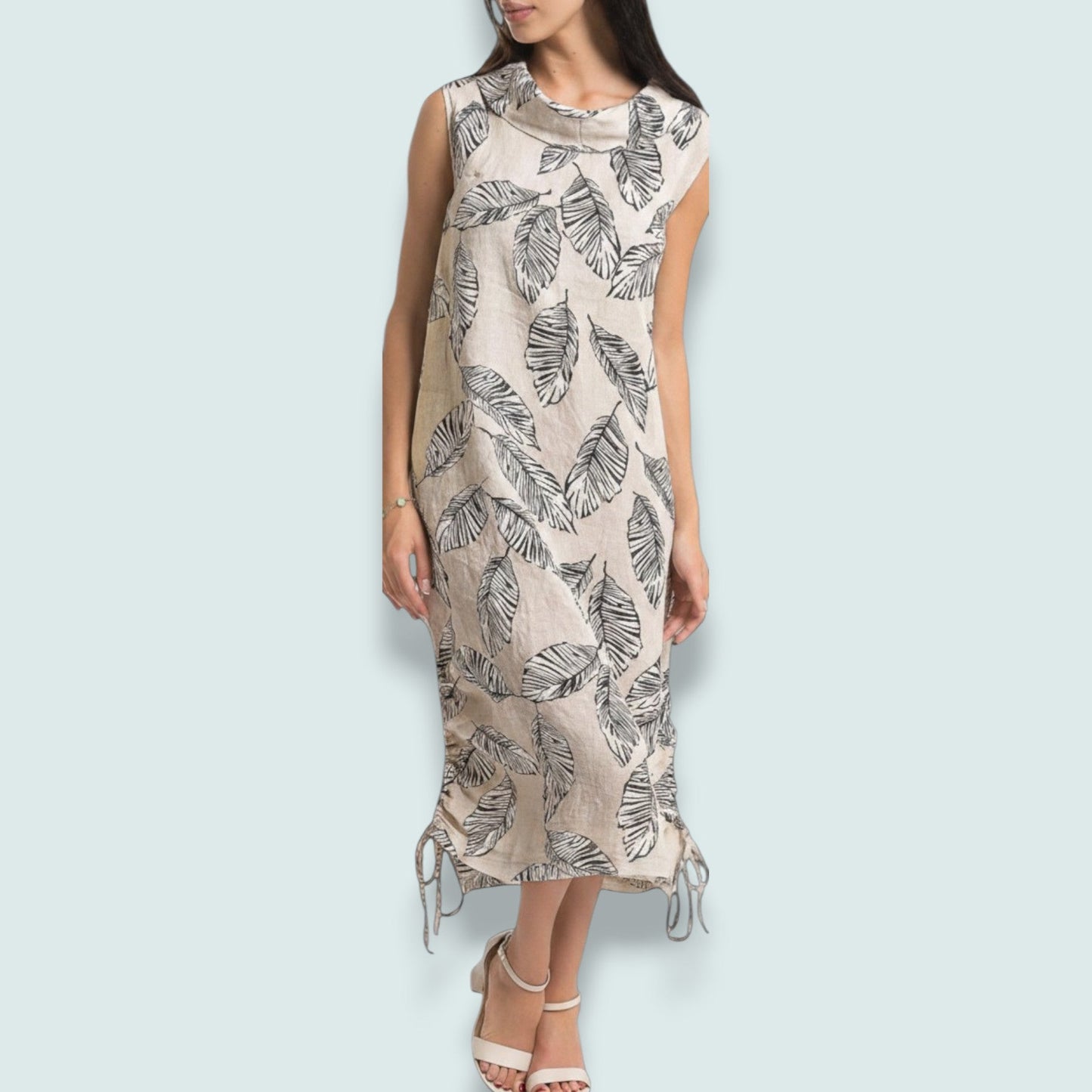 Linen Luv - Leaf Print Linen Drawstring Dress