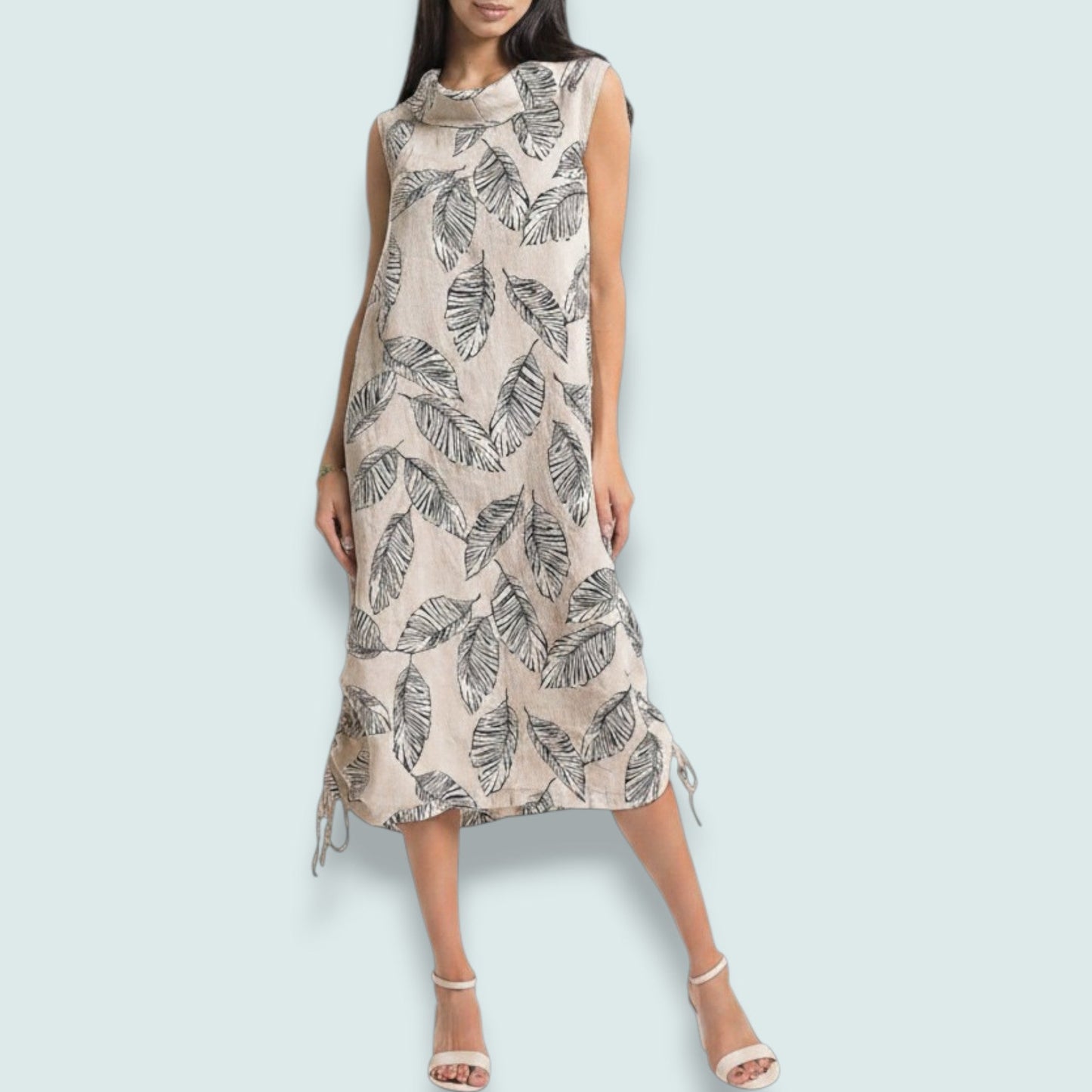 Linen Luv - Leaf Print Linen Drawstring Dress
