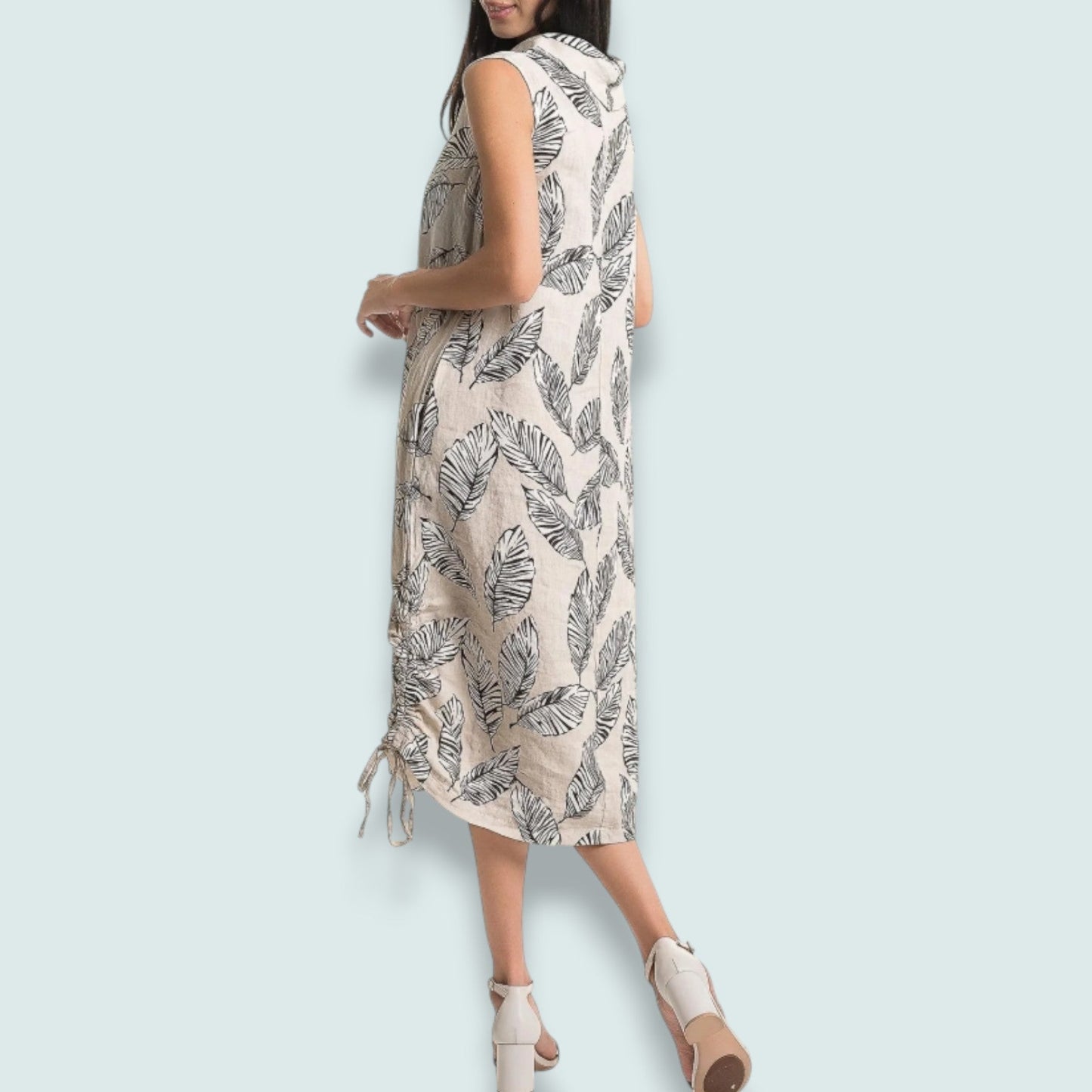 Linen Luv - Leaf Print Linen Drawstring Dress