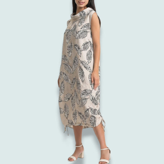Linen Luv - Leaf Print Linen Drawstring Dress