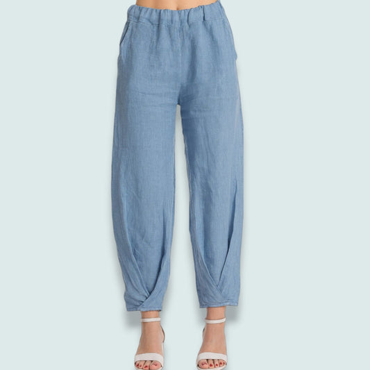 Linen Luv - Sky Blue Linen Tulip Hem Pants