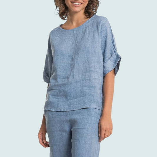Linen Luv - Sky Blue Linen Cuff Sleeve Top