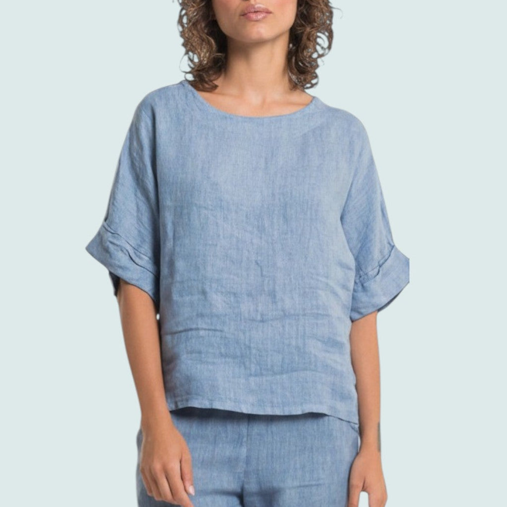 Linen Luv - Sky Blue Linen Cuff Sleeve Top