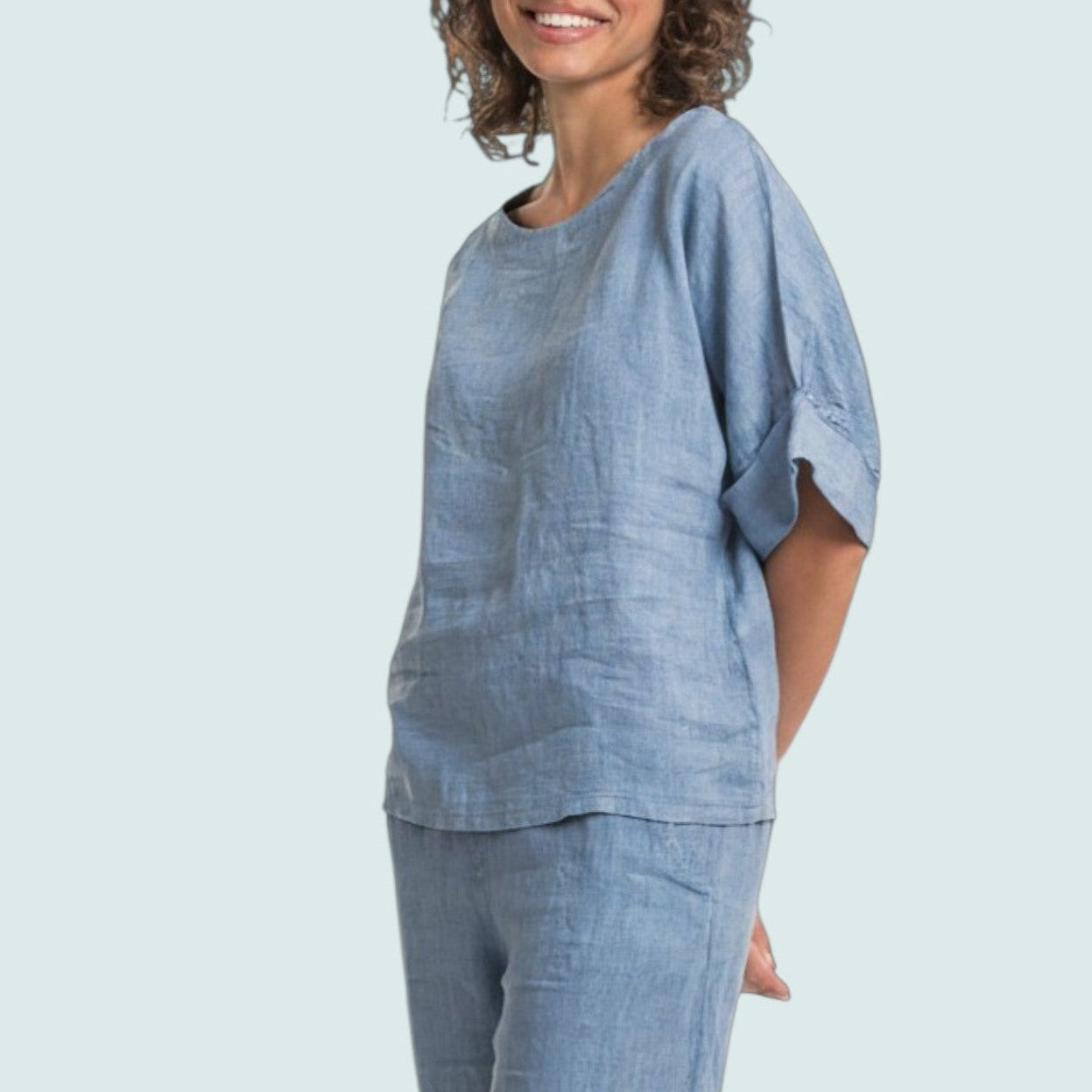 Linen Luv - Sky Blue Linen Cuff Sleeve Top