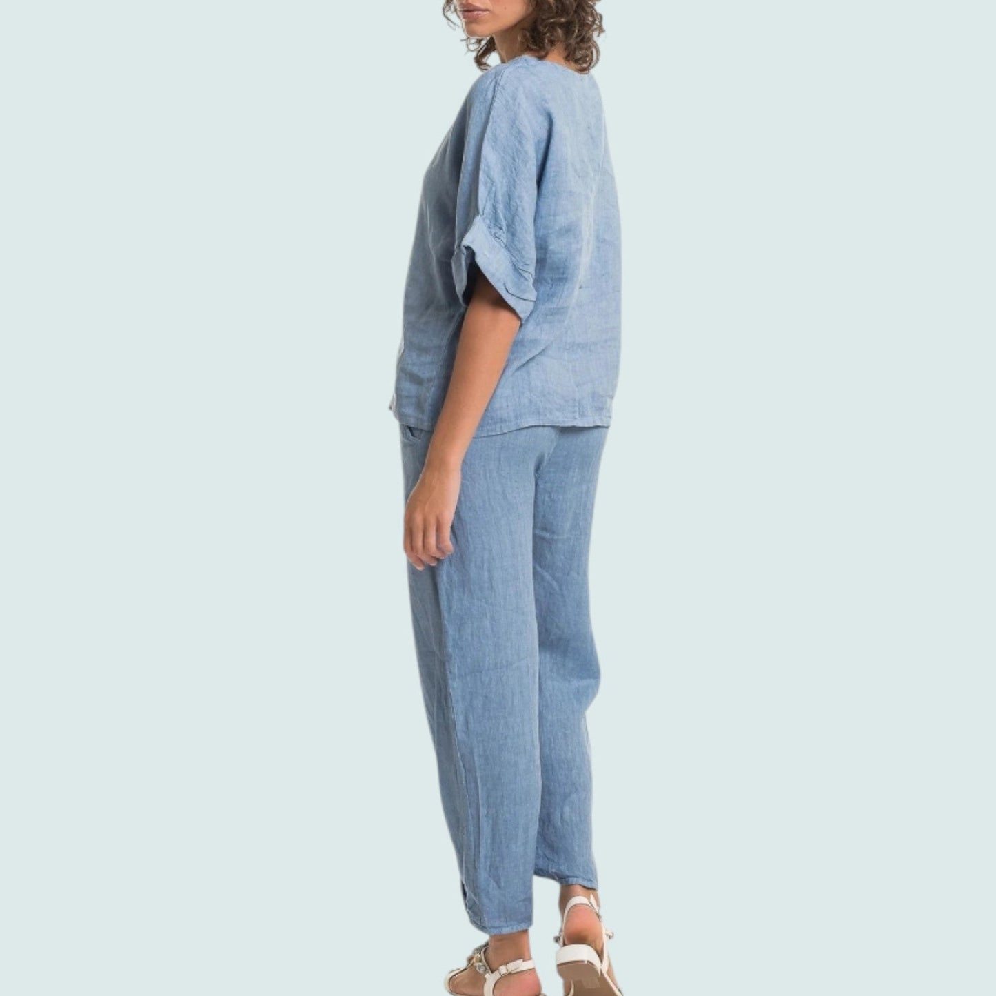 Linen Luv - Sky Blue Linen Cuff Sleeve Top