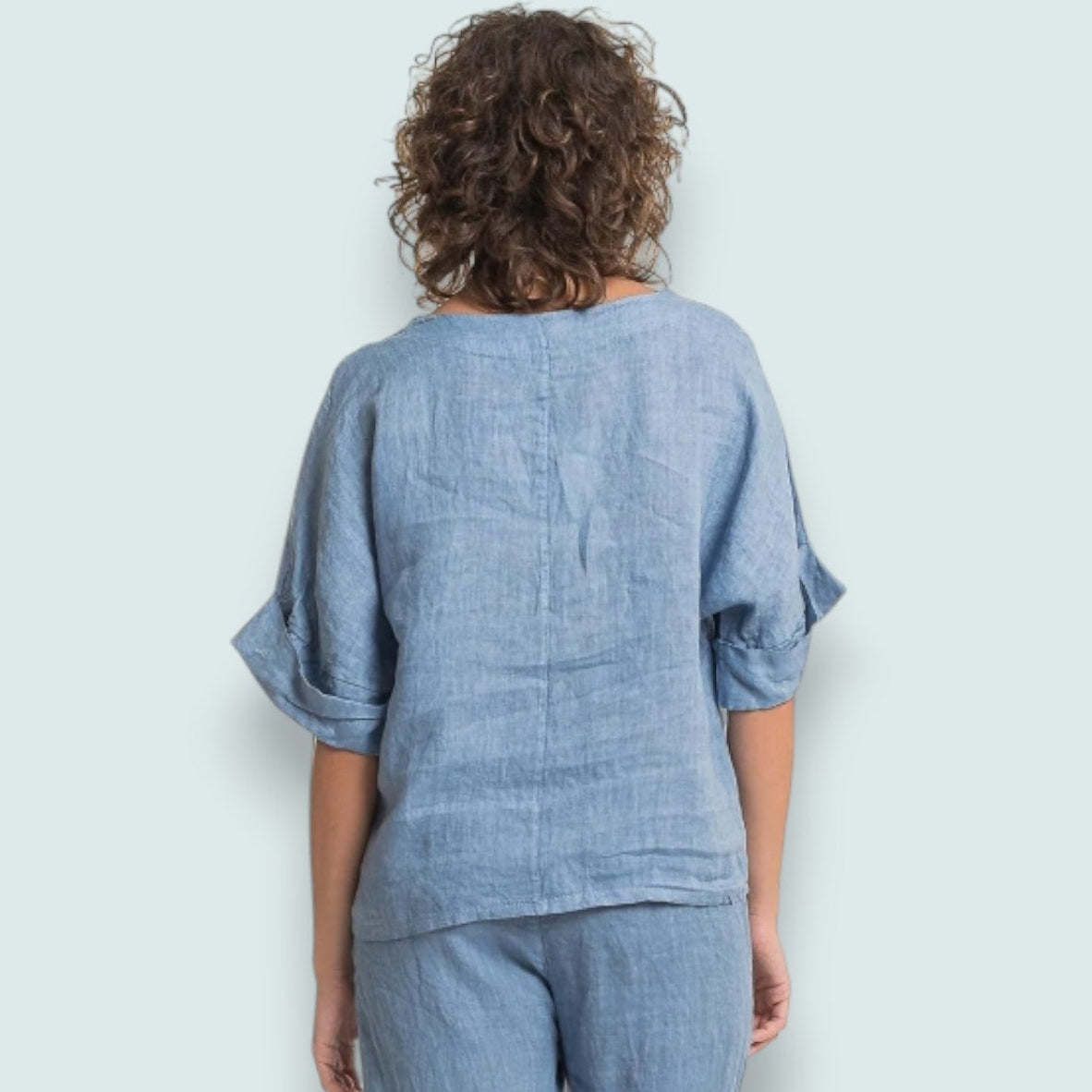 Linen Luv - Sky Blue Linen Cuff Sleeve Top