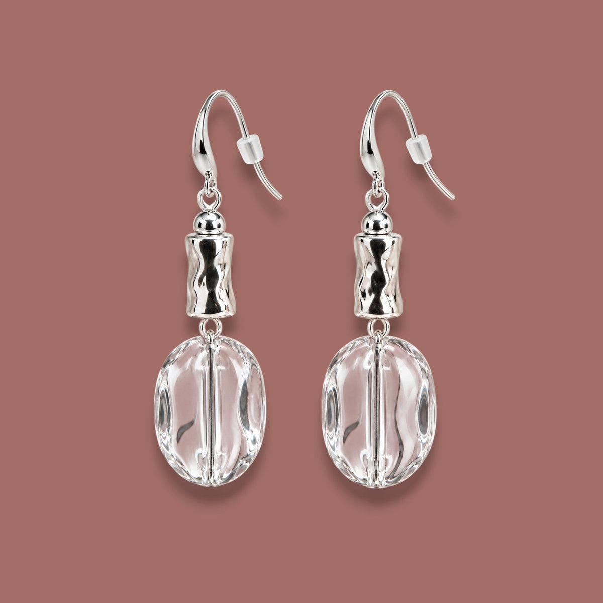 Merx - Clear Oval Bead & Textured Silver Drop Earrings