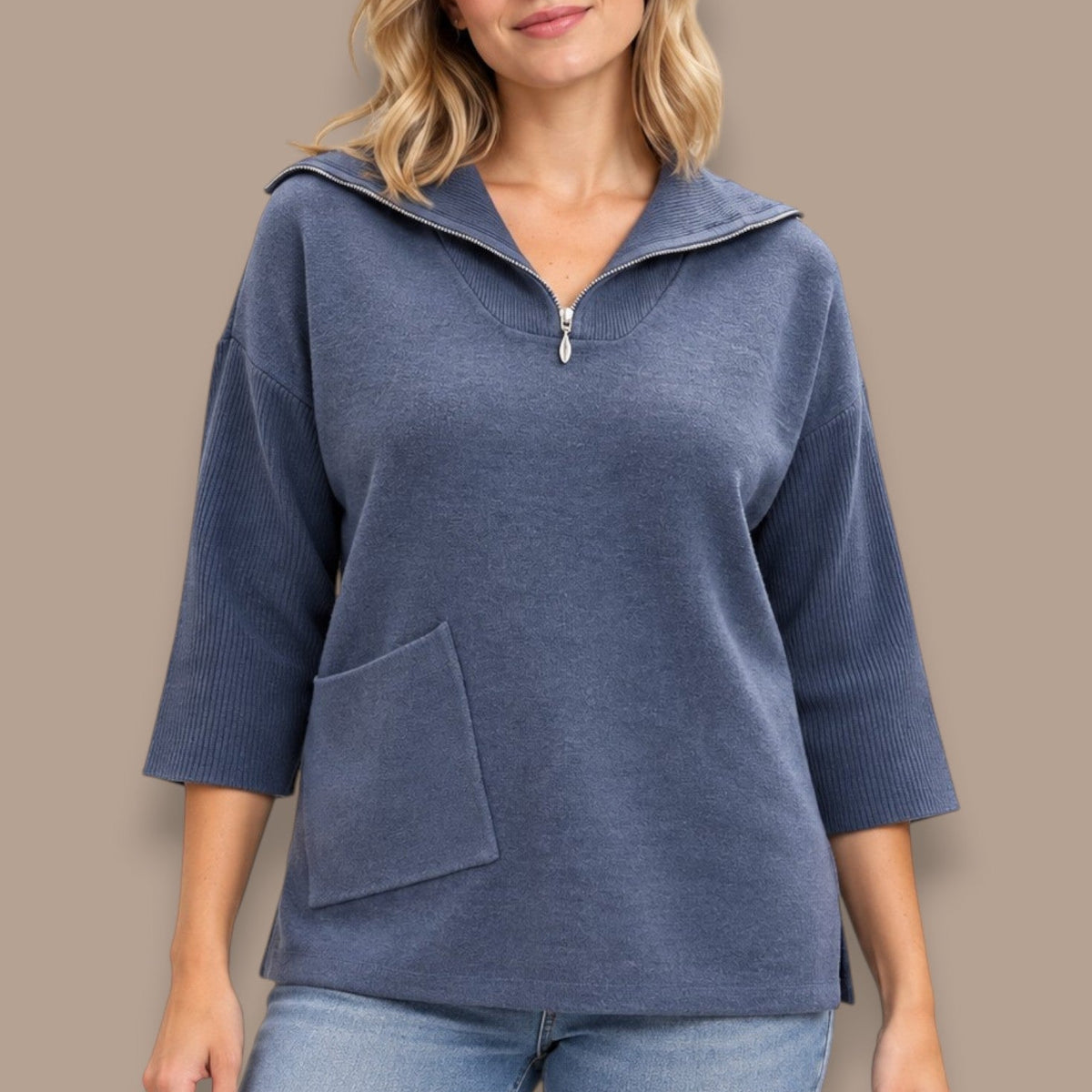 Picadilly - Zip-Collar Sweater With Patch Pocket