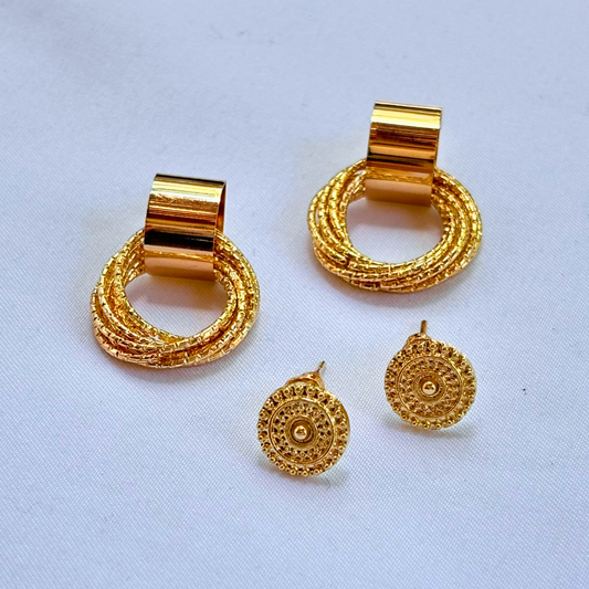 Red Coral - Two-Piece Gold Rings Earring Set