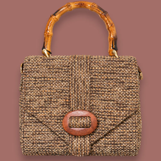 Vintage Decor - Textured Bamboo Handle Buckle Handbag