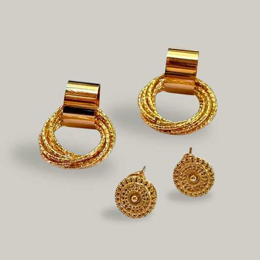 Red Coral - Two-Piece Gold Rings Earring Set
