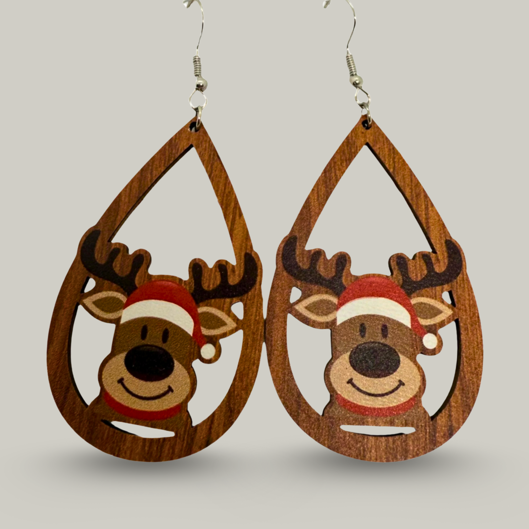 Audrey's - Wooden Teardrop Reindeer Santa Earrings