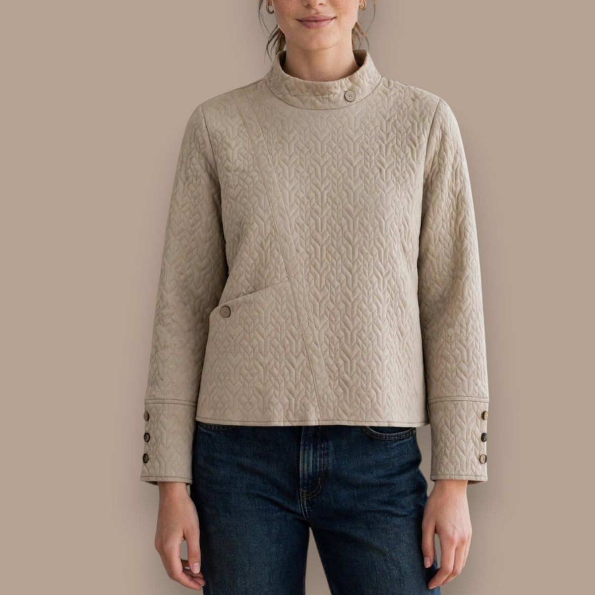 Pure - Quilted Mock Neck Button Detail Top