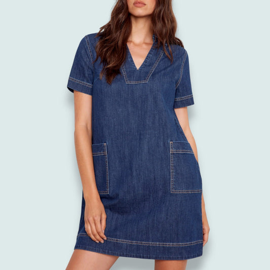 Charlie B - Collared V-Neck Short Sleeve Denim Dress