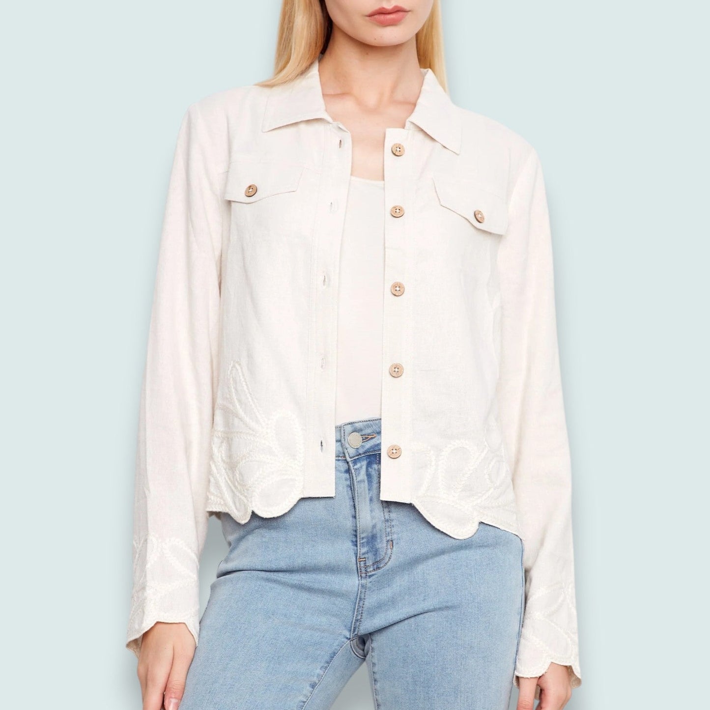 Charlie B - Embroidered Hem Linen Blend Jacket