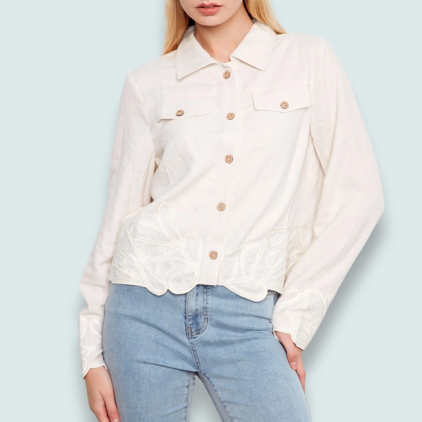 Charlie B - Embroidered Hem Linen Blend Jacket