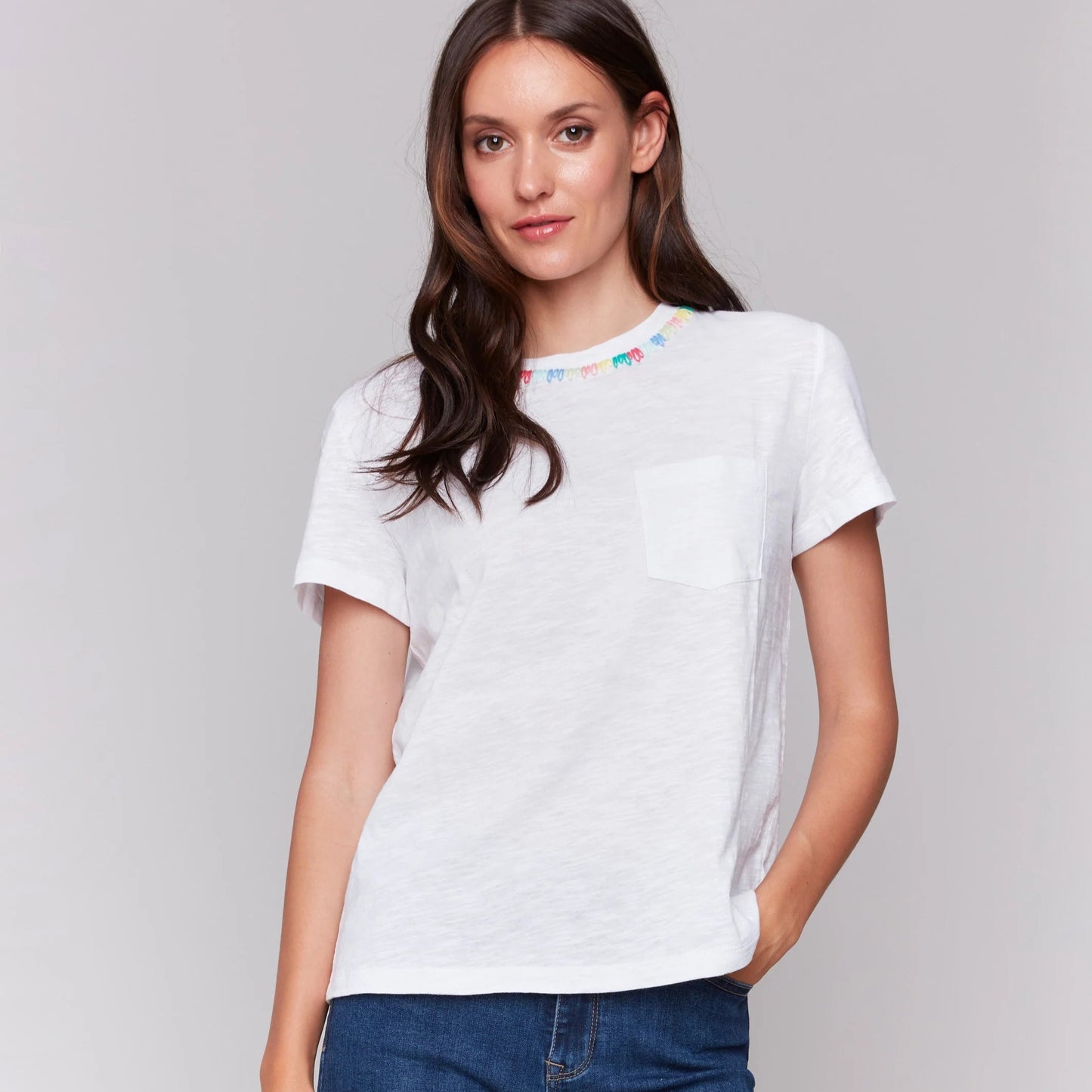 Charlie B - Embroidered Neckline Cotton T-Shirt