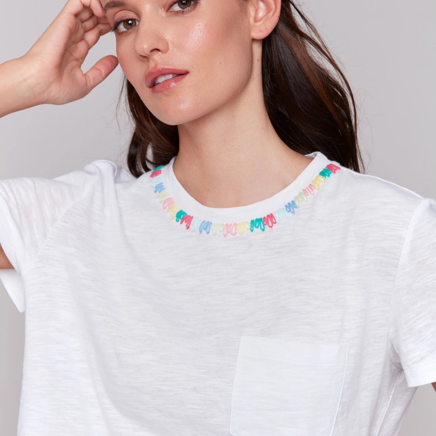 Charlie B - Embroidered Neckline Cotton T-Shirt