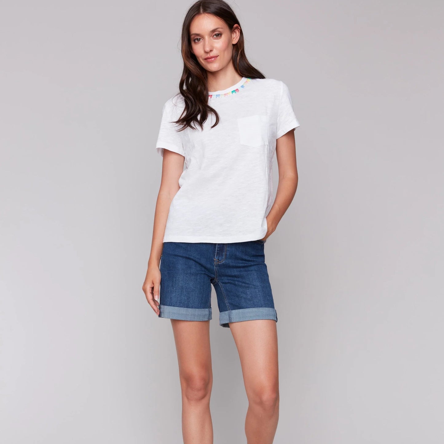 Charlie B - Embroidered Neckline Cotton T-Shirt