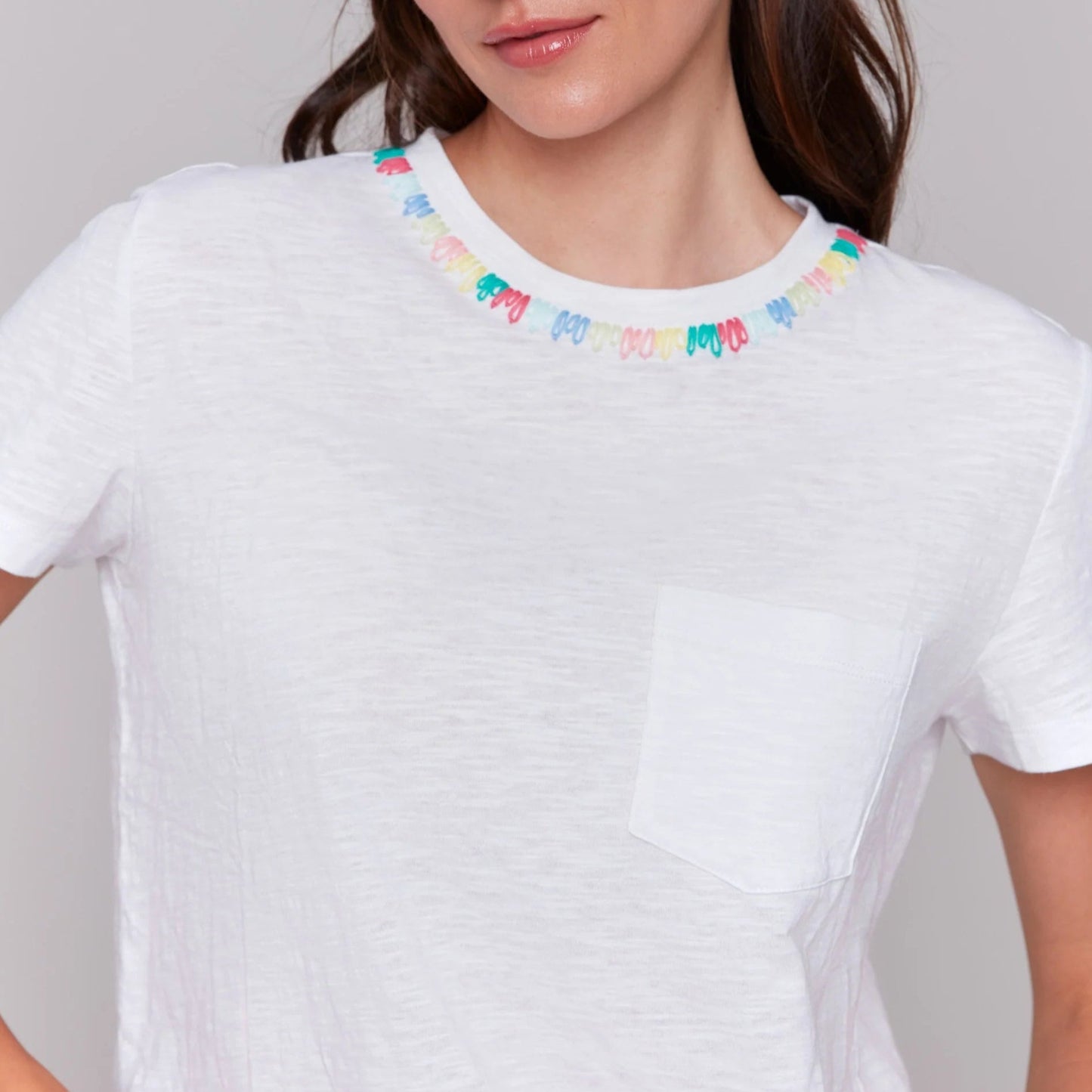 Charlie B - Embroidered Neckline Cotton T-Shirt