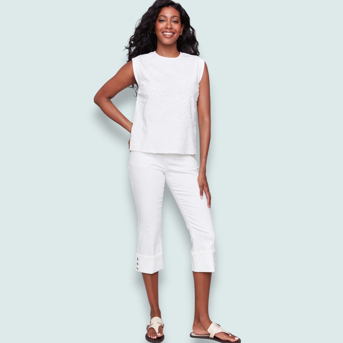 Charlie B - Floral Embroidered Sleeveless Cotton Top
