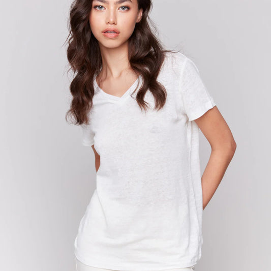 Charlie B - Short Sleeve V-Neck Linen T-Shirt