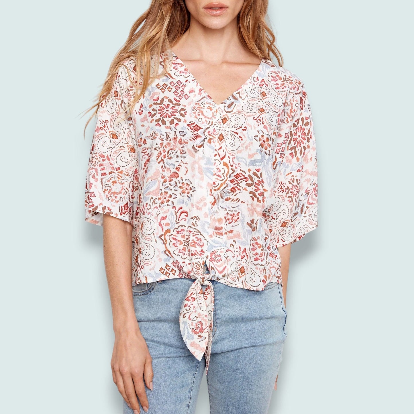 Charlie B - Soft Ivory Paisley Front-Tie Blouse