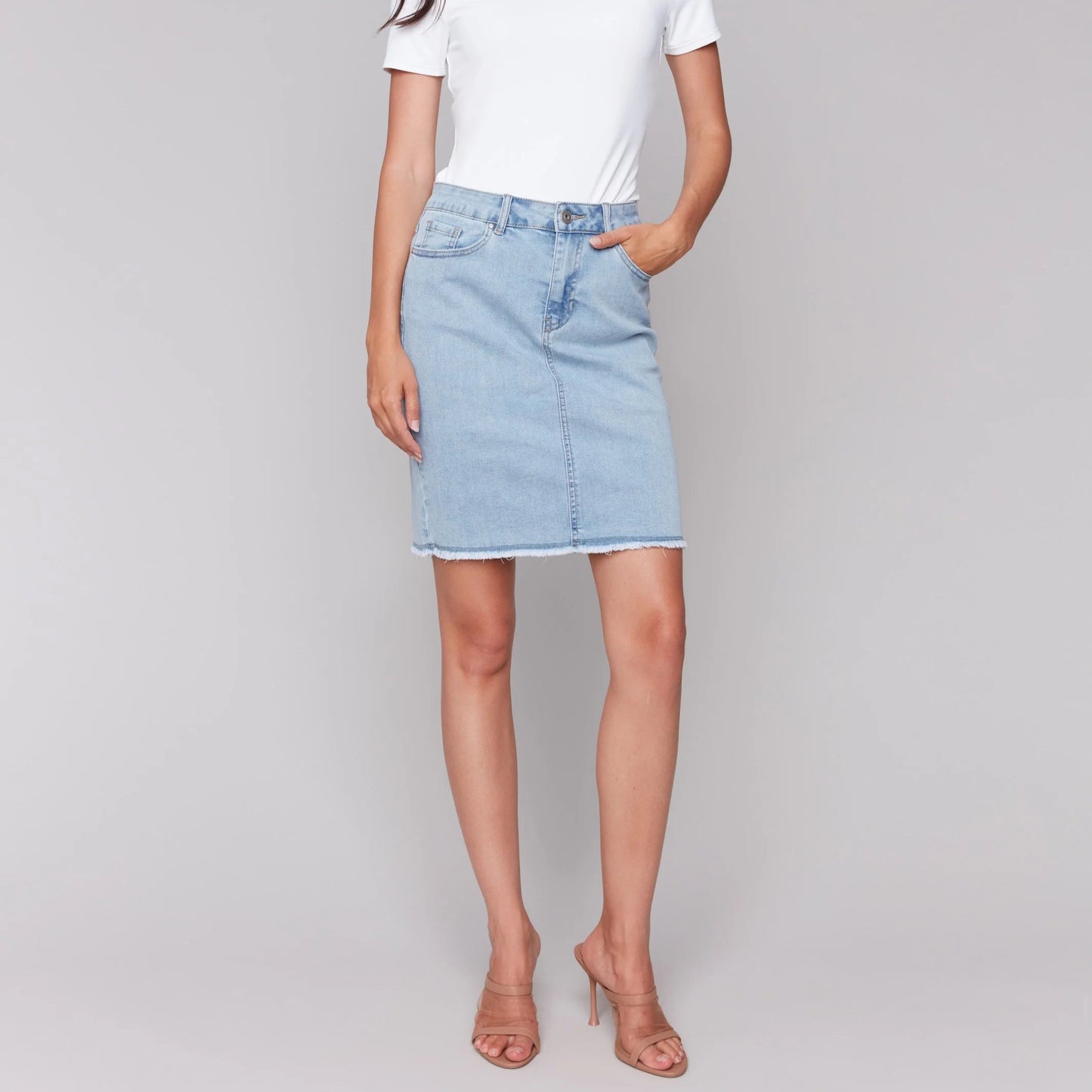 Charlie B - Stretch Denim Skort With Frayed Hem