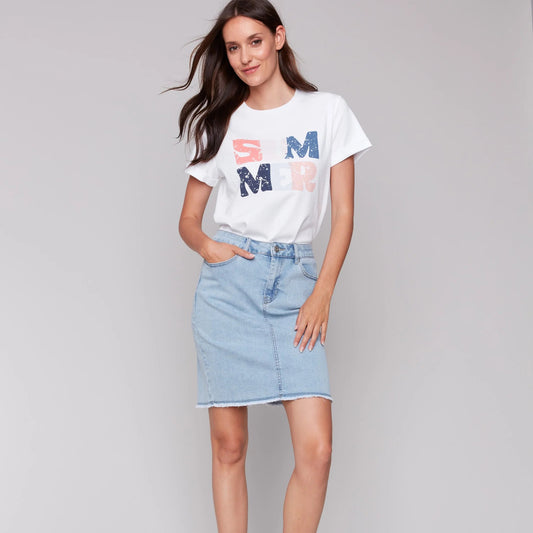 Charlie B - Stretch Denim Skort With Frayed Hem